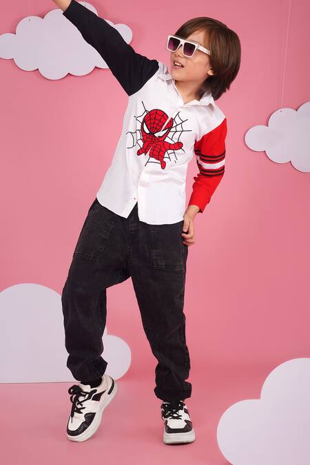 Shop_Hoity Moppet_White Cotton Embroidery Spider-x Boys Designer Shirt _Online_at_Aza_Fashions