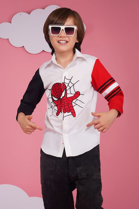 Hoity Moppet_White Cotton Embroidery Spider-x Boys Designer Shirt _at_Aza_Fashions