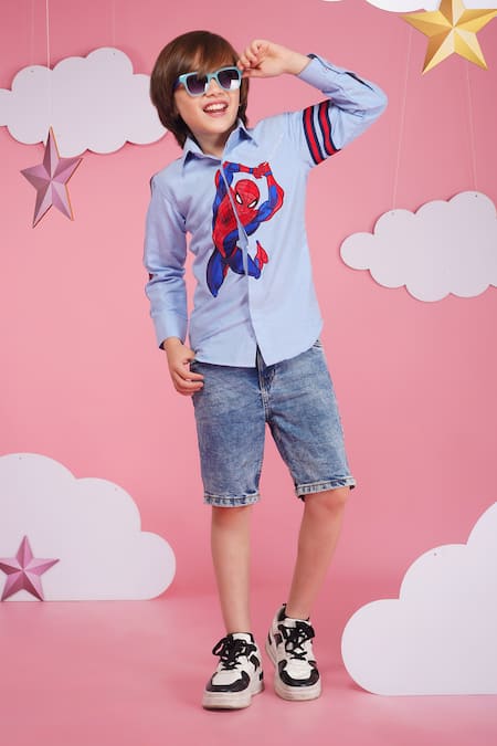 Shop Hoity Moppet Blue Cotton Spider-verse Light Shirt Online at Aza Fashions Shop_Hoity Moppet_Blue Cotton Spider-verse Light Shirt _Online_at_Aza_Fashions