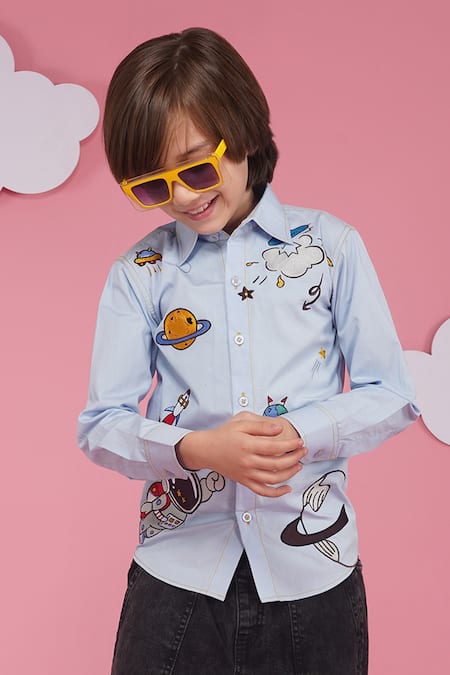 Hoity Moppet_Blue Cotton Embroidery Light Designer Shirt _at_Aza_Fashions