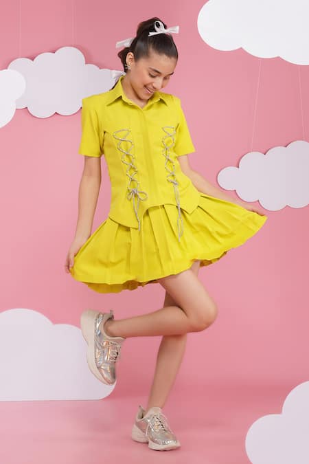 Hoity Moppet_Green Crepe Lace Neon Designer Shirt And Skirt Set _at_Aza_Fashions