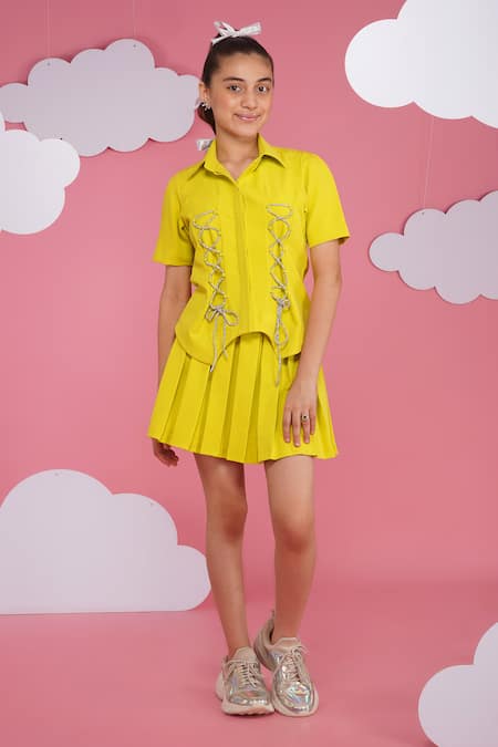 Hoity Moppet Green Crepe Lace Neon Designer Shirt And Skirt Set 