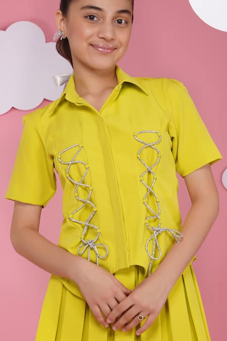 Buy_Hoity Moppet_Green Crepe Lace Neon Designer Shirt And Skirt Set 