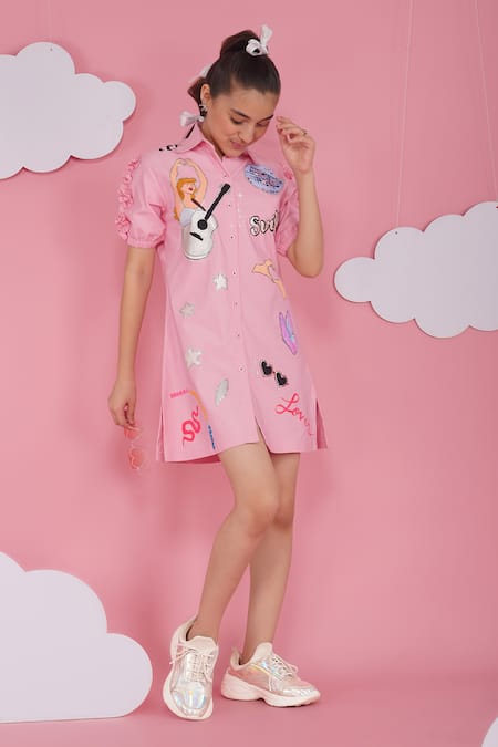 Shop_Hoity Moppet_Pink Denim Embroidery Tylor Swift Dress _Online_at_Aza_Fashions