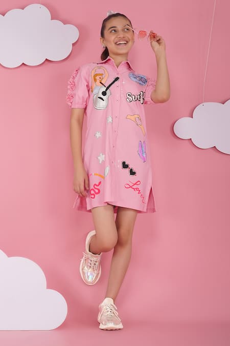 Hoity Moppet_Pink Denim Embroidery Tylor Swift Dress _at_Aza_Fashions