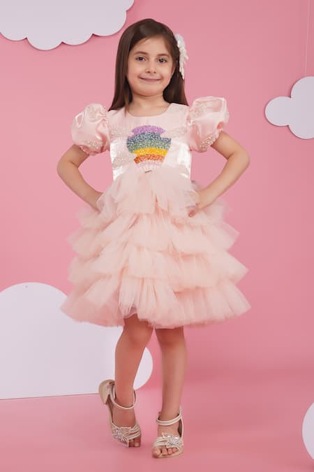 Hoity Moppet Pink Tulle, Organza Sequins Ruffled Dress 