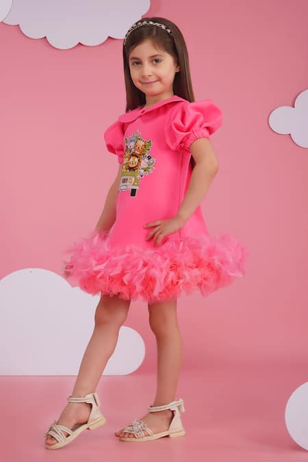Hoity Moppet_Pink Crepe Feathers Designer Zootopia Dress _Online_at_Aza_Fashions