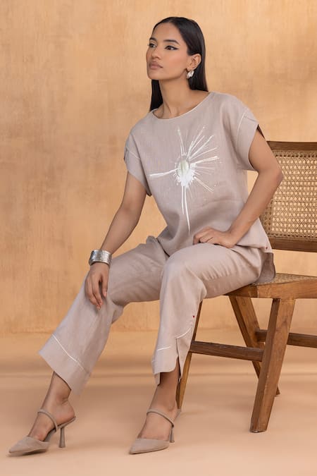 Buy_Kaveri_Beige Linen Round Neck Astro Co-ord Set _Online_at_Aza_Fashions