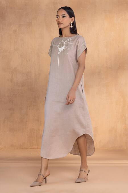 Kaveri_Beige Linen Embroidery Crew Neck Cement Astro Dress  _Online_at_Aza_Fashions