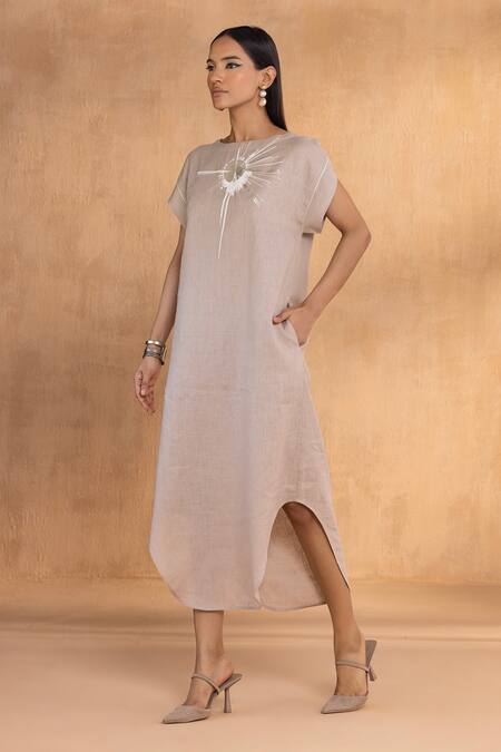 Buy_Kaveri_Beige Linen Embroidery Crew Neck Cement Astro Dress  _Online_at_Aza_Fashions