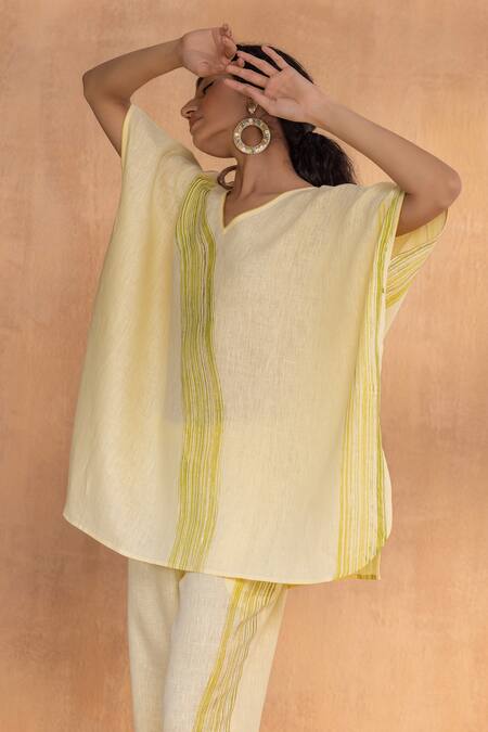 Kaveri_Yellow Linen V-neck Brush Stroke Square Co-ord _Online_at_Aza_Fashions