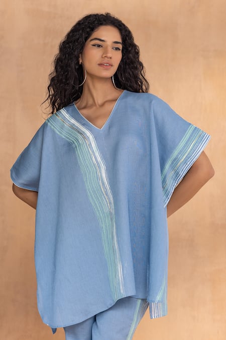 Buy_Kaveri_Blue Linen V-neck Brush Stroke Square Co-ord Set _Online_at_Aza_Fashions
