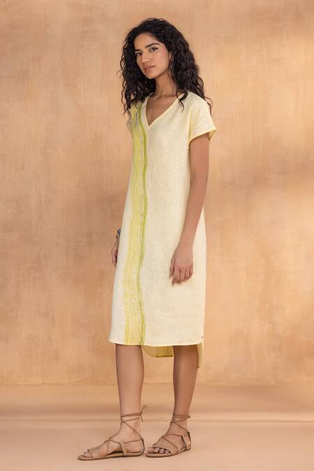 Buy_Kaveri_Yellow Linen V-neck Brush Stroke Monet Dress _Online_at_Aza_Fashions