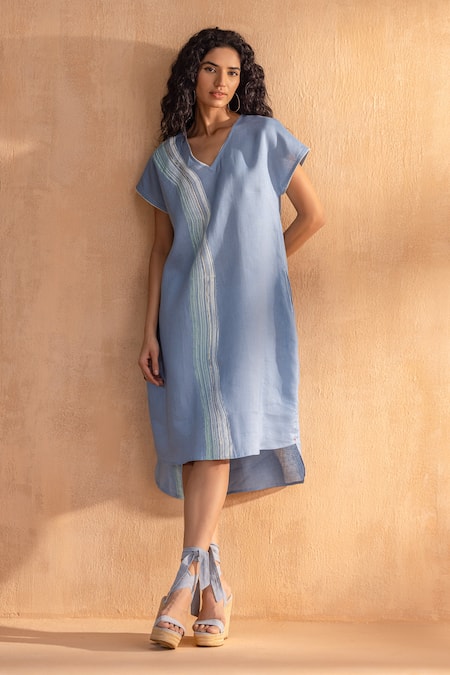 Kaveri Blue Linen V-neck Brush Stroke Monet Dress