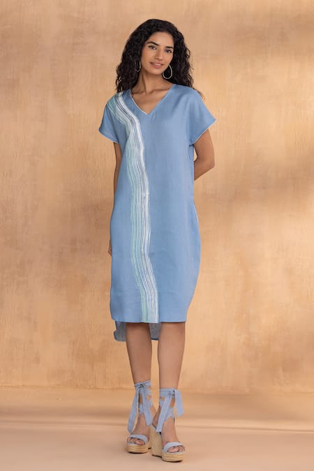 Kaveri Blue Linen V-neck Brush Stroke Monet Dress Online at Aza Fashions Kaveri_Blue Linen V-neck Brush Stroke Monet Dress _Online_at_Aza_Fashions