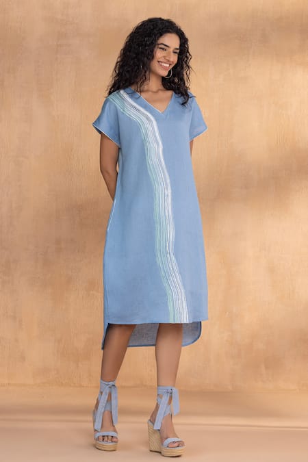 Buy Kaveri Blue Linen V-neck Brush Stroke Monet Dress Online at Aza Fashions Buy_Kaveri_Blue Linen V-neck Brush Stroke Monet Dress _Online_at_Aza_Fashions