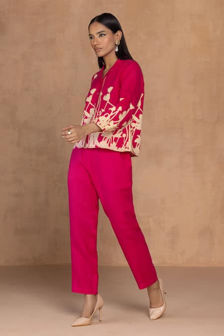 Kaveri_Pink Linen Embroidery Collared Floral Ballet Hot Top And Pant Set _Online_at_Aza_Fashions