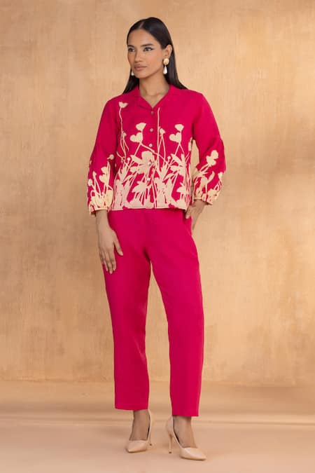 Kaveri Pink Linen Embroidery Collared Floral Ballet Hot Top And Pant Set 