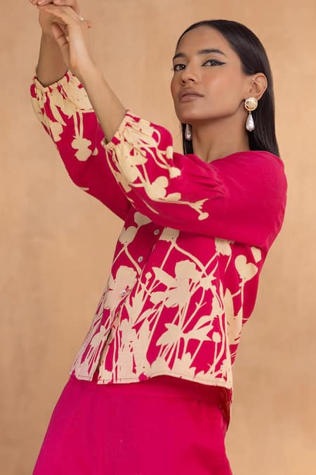 Buy_Kaveri_Pink Linen Embroidery Collared Floral Ballet Hot Top And Pant Set _Online_at_Aza_Fashions