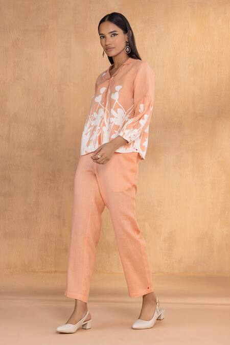 Kaveri_Peach Linen Embroidery Round Neck Floral Print Top And Pant Set _Online_at_Aza_Fashions