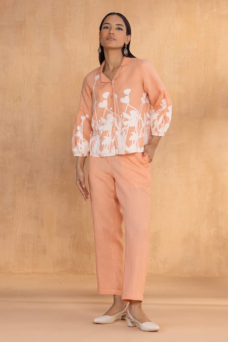 Kaveri Peach Linen Embroidery Round Neck Floral Print Top And Pant Set