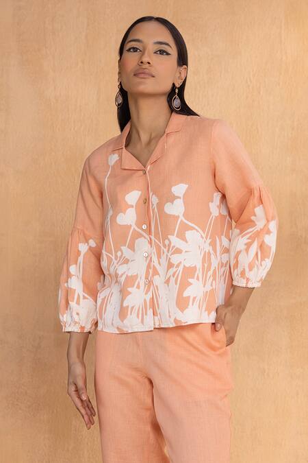 Buy_Kaveri_Peach Linen Embroidery Round Neck Floral Print Top And Pant Set _Online_at_Aza_Fashions