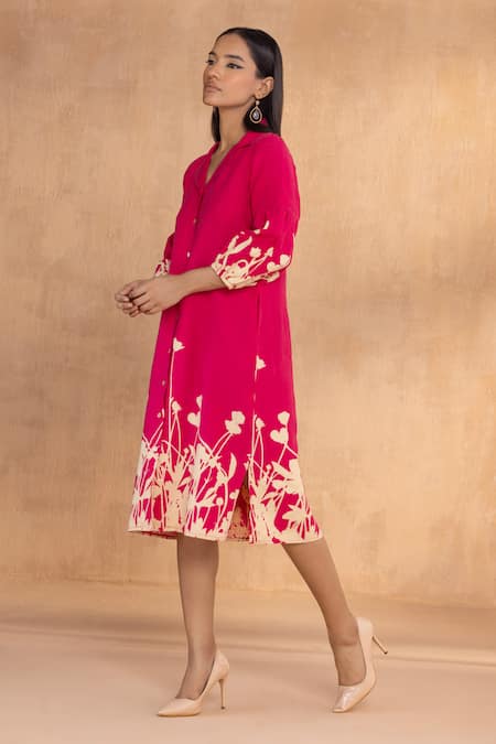 Kaveri Pink Linen Collared Floral Ballet Dress Online at Aza Fashions Kaveri_Pink Linen Collared Floral Ballet Dress _Online_at_Aza_Fashions