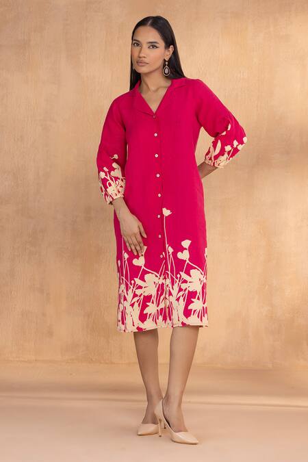 Buy Kaveri Pink Linen Collared Floral Ballet Dress Online at Aza Fashions Buy_Kaveri_Pink Linen Collared Floral Ballet Dress _Online_at_Aza_Fashions