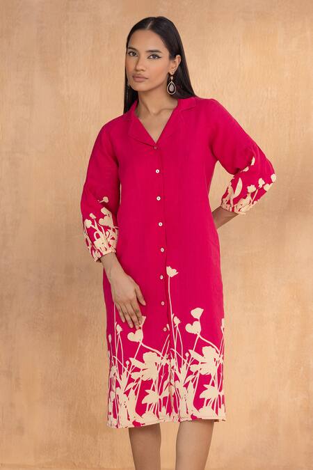 Shop Kaveri Pink Linen Collared Floral Ballet Dress Online at Aza Fashions Shop_Kaveri_Pink Linen Collared Floral Ballet Dress _Online_at_Aza_Fashions