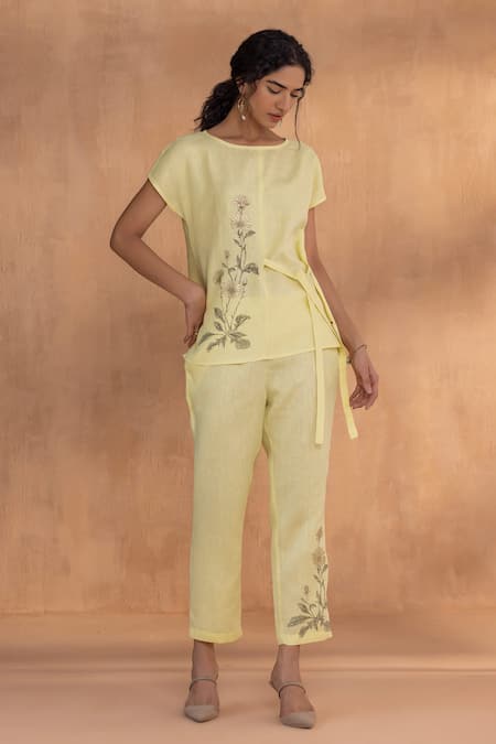 Buy_Kaveri_Yellow Linen Embroidery Round Neck Golden Daisy Bow Co-ord _Online_at_Aza_Fashions