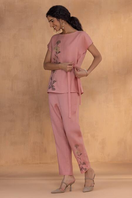 Kaveri_Peach Linen Embroidery Round Neck Golden Daisy Bow Co-ord Set _Online_at_Aza_Fashions