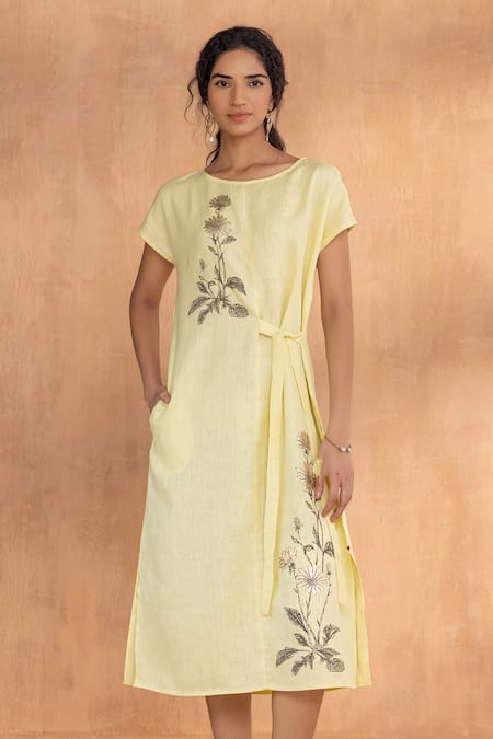 Kaveri_Yellow Linen Embroidery Round Neck Golden Daisy Bow Dress _Online_at_Aza_Fashions