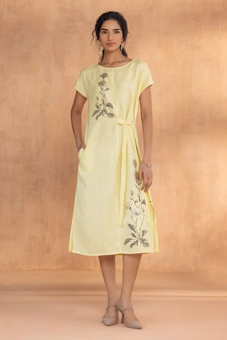 Kaveri Yellow Linen Embroidery Round Neck Golden Daisy Bow Dress 