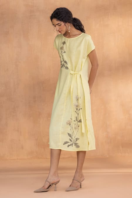 Buy_Kaveri_Yellow Linen Embroidery Round Neck Golden Daisy Bow Dress _Online_at_Aza_Fashions