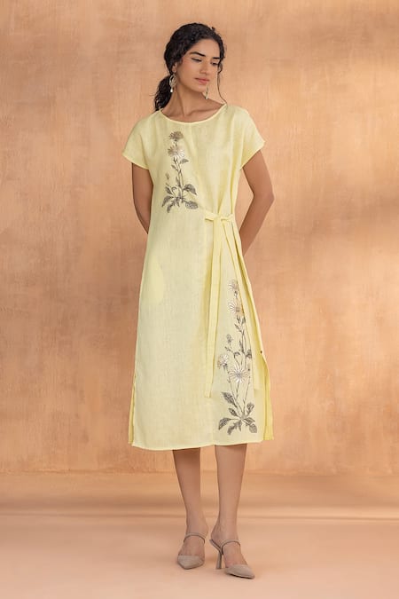 Shop_Kaveri_Yellow Linen Embroidery Round Neck Golden Daisy Bow Dress _Online_at_Aza_Fashions