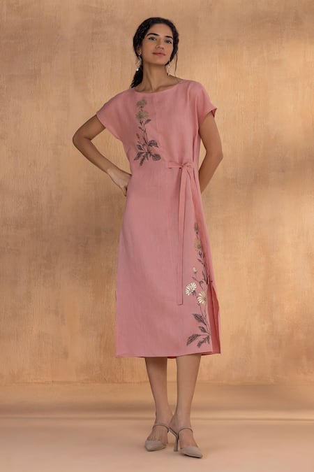 Kaveri Pink Linen Embroidery Round Neck Golden Daisy Bow Dress 
