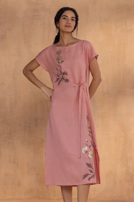 Kaveri_Pink Linen Embroidery Round Neck Golden Daisy Bow Dress _Online_at_Aza_Fashions