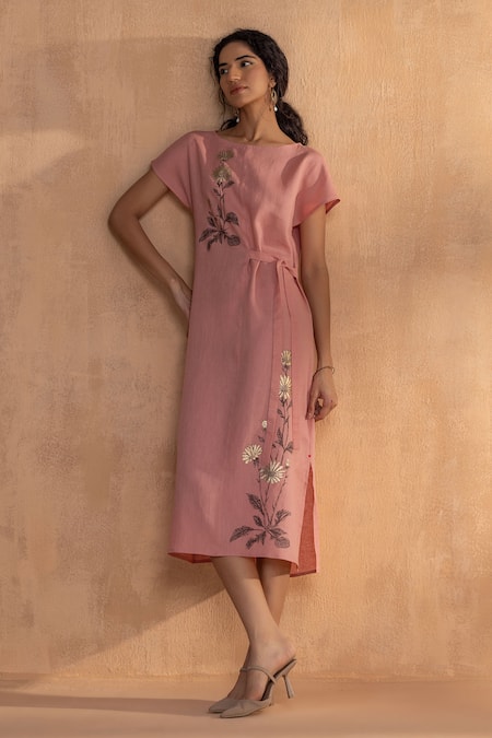 Buy_Kaveri_Pink Linen Embroidery Round Neck Golden Daisy Bow Dress _Online_at_Aza_Fashions
