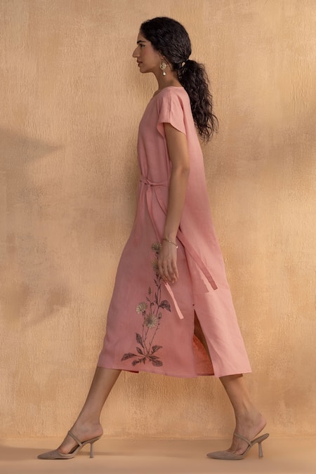 Shop_Kaveri_Pink Linen Embroidery Round Neck Golden Daisy Bow Dress _Online_at_Aza_Fashions