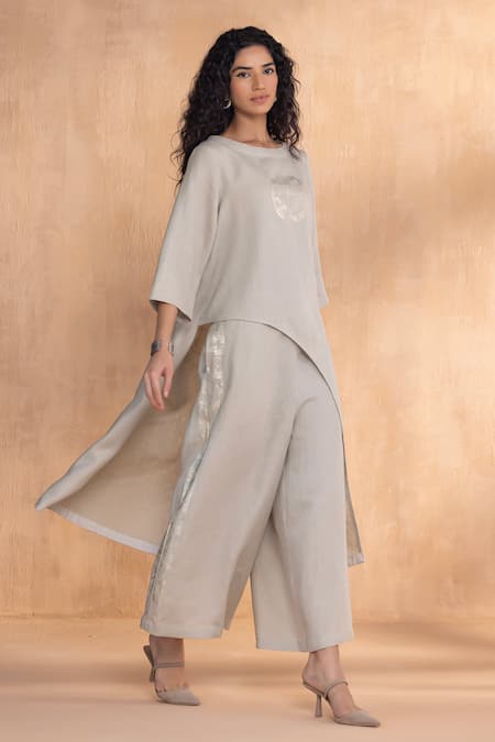 Shop Kaveri Gray Linen Round Neck Luna Long Co-ord Set Online at Aza Fashions Shop_Kaveri_Gray Linen Round Neck Luna Long Co-ord Set _Online_at_Aza_Fashions