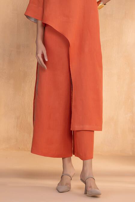 Kaveri_Orange Linen Foil Printing Round Neck Luna Long Co-ord Set _Online_at_Aza_Fashions