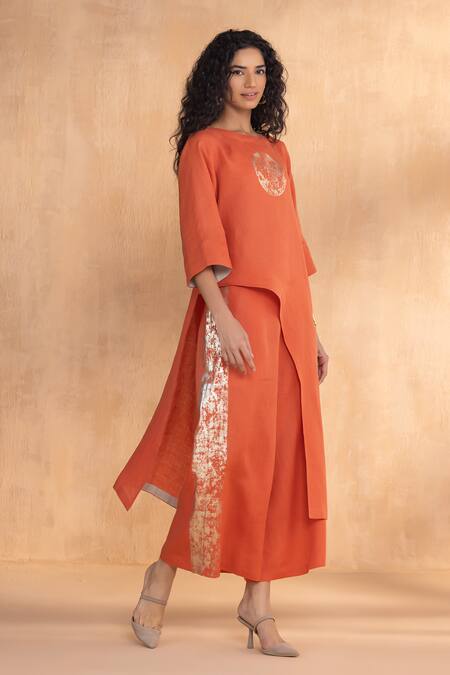 Buy_Kaveri_Orange Linen Foil Printing Round Neck Luna Long Co-ord Set _Online_at_Aza_Fashions