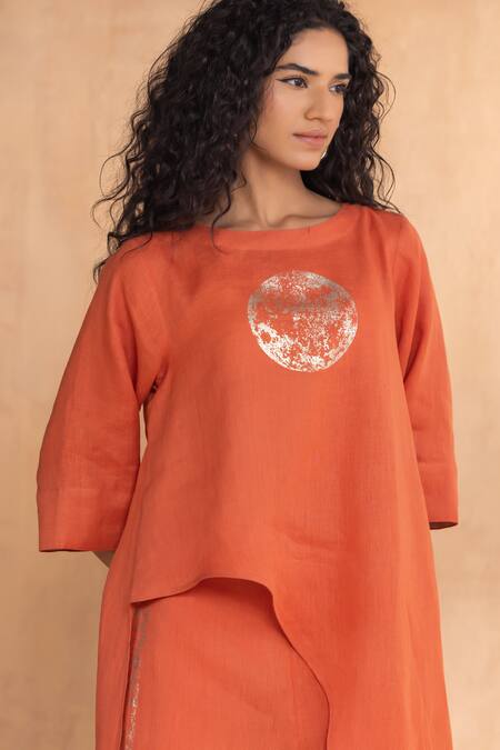 Shop_Kaveri_Orange Linen Foil Printing Round Neck Luna Long Co-ord Set _Online_at_Aza_Fashions