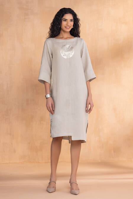 Kaveri_Gray Linen Round Neck Moss Luna Dress  _Online_at_Aza_Fashions