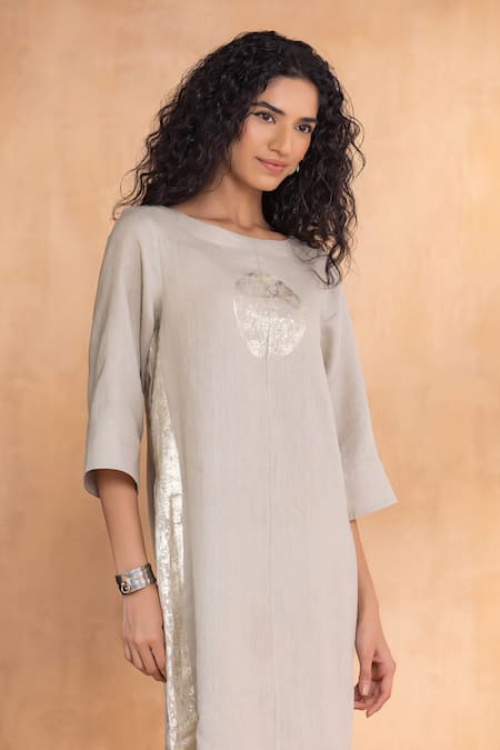 Buy_Kaveri_Gray Linen Round Neck Moss Luna Dress  _Online_at_Aza_Fashions