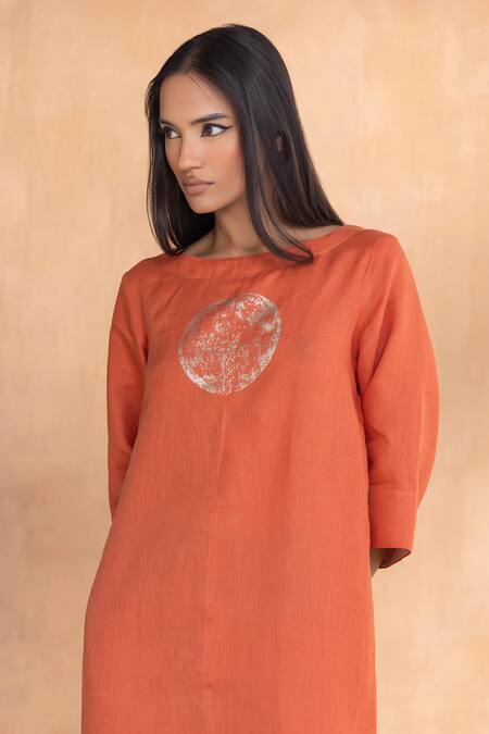 Buy_Kaveri_Orange Linen Round Neck Luna Dress  _Online_at_Aza_Fashions