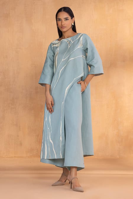 Kaveri Blue Linen Embroidery Round Neck Light Jade Square Coord Set 