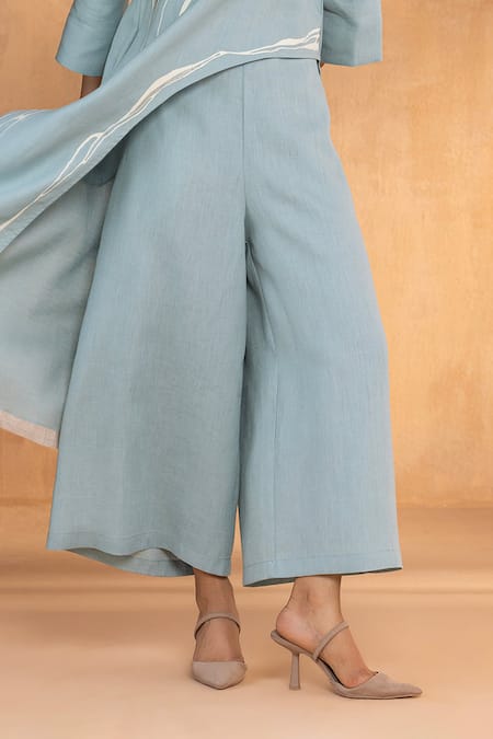 Kaveri_Blue Linen Embroidery Round Neck Light Jade Square Coord Set _Online_at_Aza_Fashions