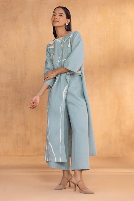 Buy_Kaveri_Blue Linen Embroidery Round Neck Light Jade Square Coord Set _Online_at_Aza_Fashions
