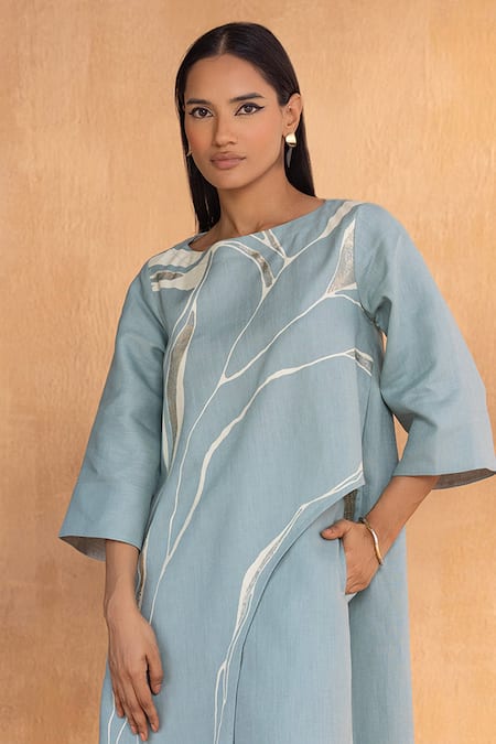 Shop_Kaveri_Blue Linen Embroidery Round Neck Light Jade Square Coord Set _Online_at_Aza_Fashions